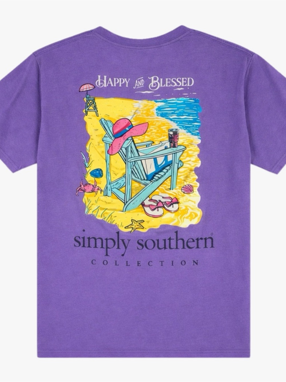 Simply Southern Happy & Blessed Beach Lavender Cotton Tee Womens Size Medium